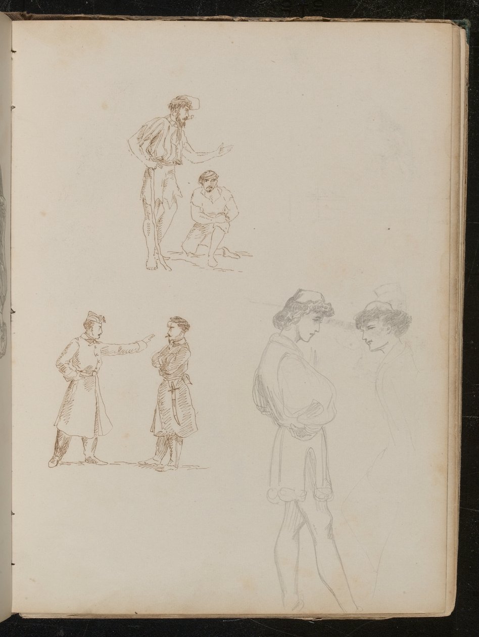 To pennstudier av par soldater i samtale, en blyantstudie av to unge menn i samtale av Lady Butler