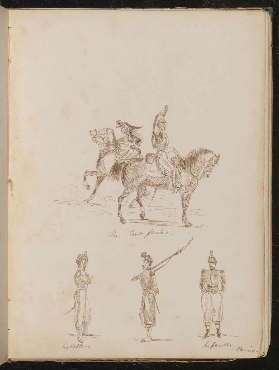 To soldater på hesteryggen påskrevet "The Cert gardes", studier av artilleri- og infanterisoldater av Lady Butler