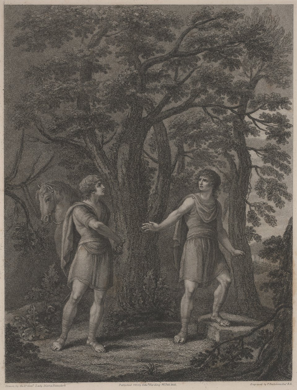 Illustrasjon fra "Palamon and Arcite", trykk laget av Francesco Bartolozzi 1797 (stippgravering) av Lady Diana (after) Beauclerk