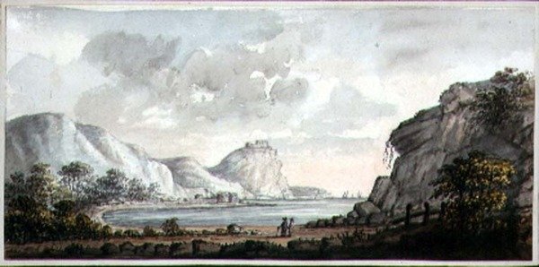 Landskap med to figurer med utsikt over en bukt, ca. 1825 (akvarell på papir) av Lady Egerton