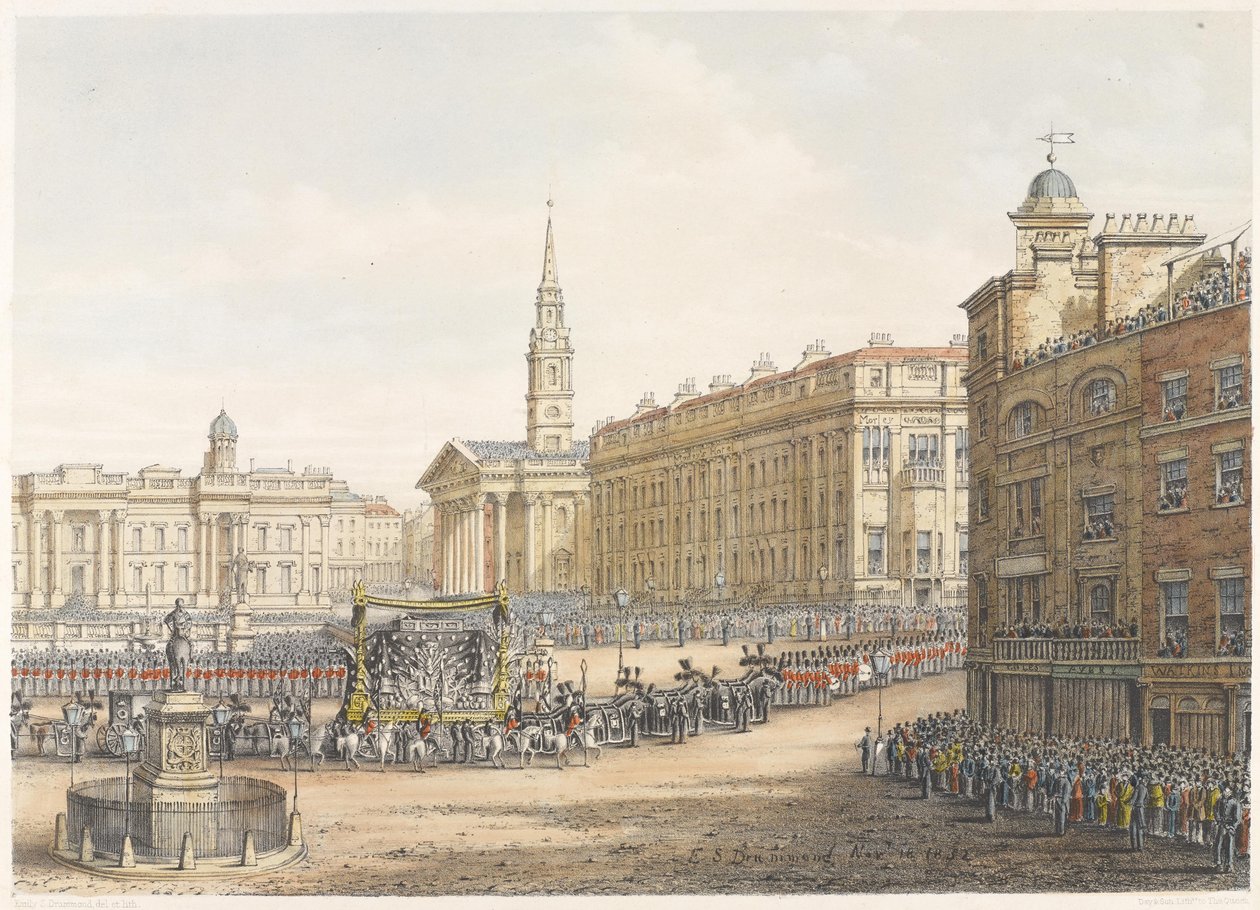 Begravelsesbilen og prosesjonen ved statsbegravelsen til hertugen av Wellington forbi Mansion House 18. november 1852 av Lady Emily Drummond