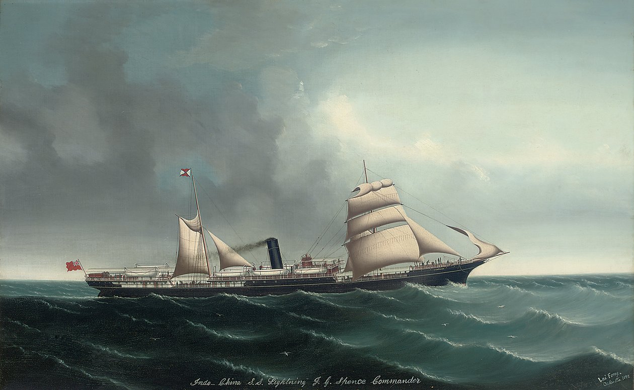 Det indo-kinesiske dampskipet Lyn under seil og damp, 1892 av Lai Fong