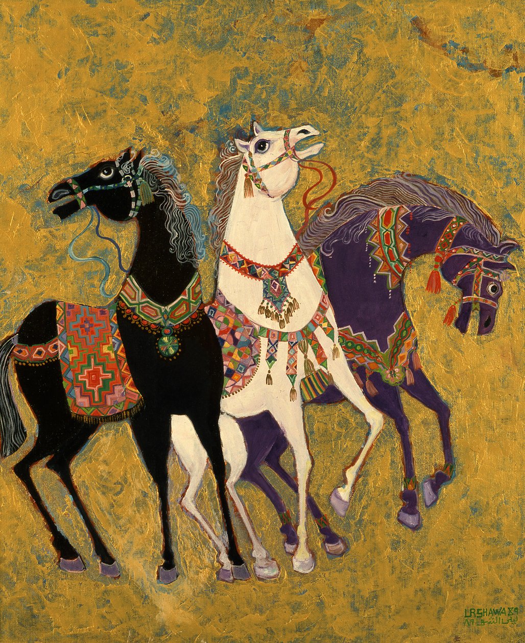 3 hester, 1975 (akryl om bord) av Laila Shawa