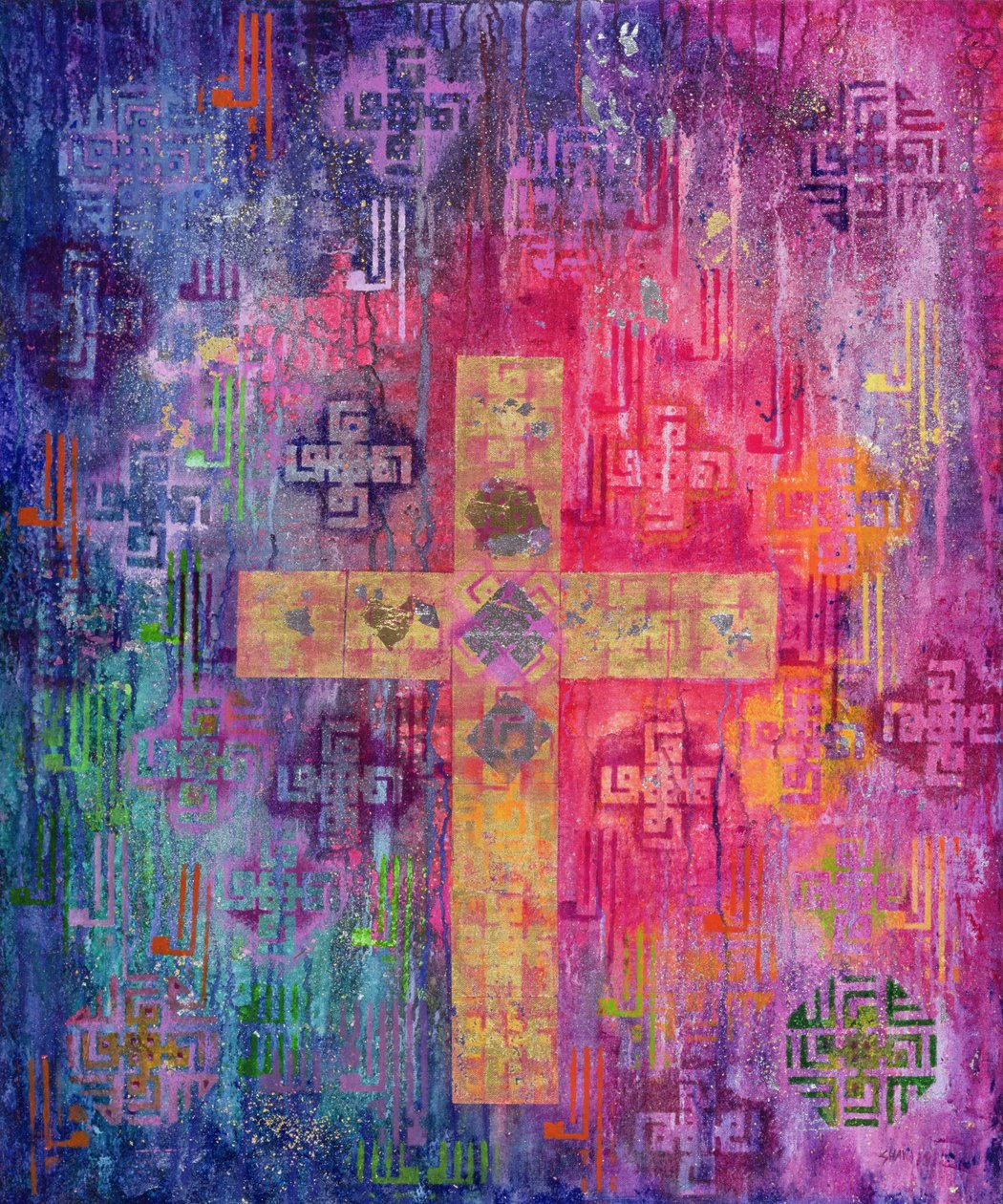 Eastern Cross, 2000 (akryl og bladgull på lerret) av Laila Shawa