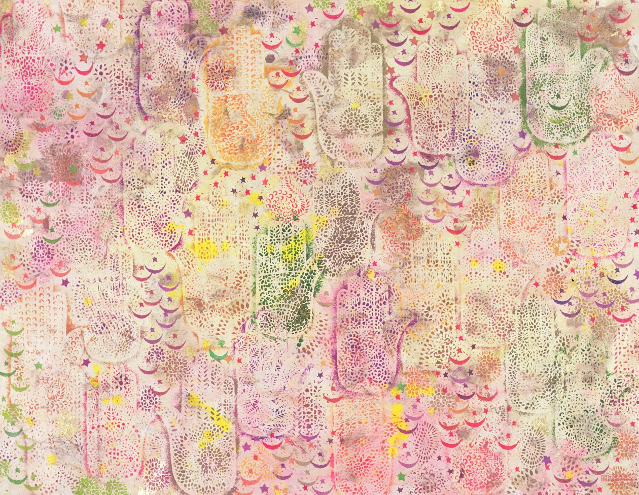 Hands of Fatima, 1999 (akryl på papir) av Laila Shawa