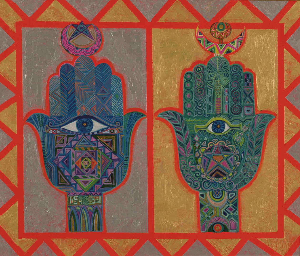 Protective Hands, 1992 (akryl om bord) av Laila Shawa