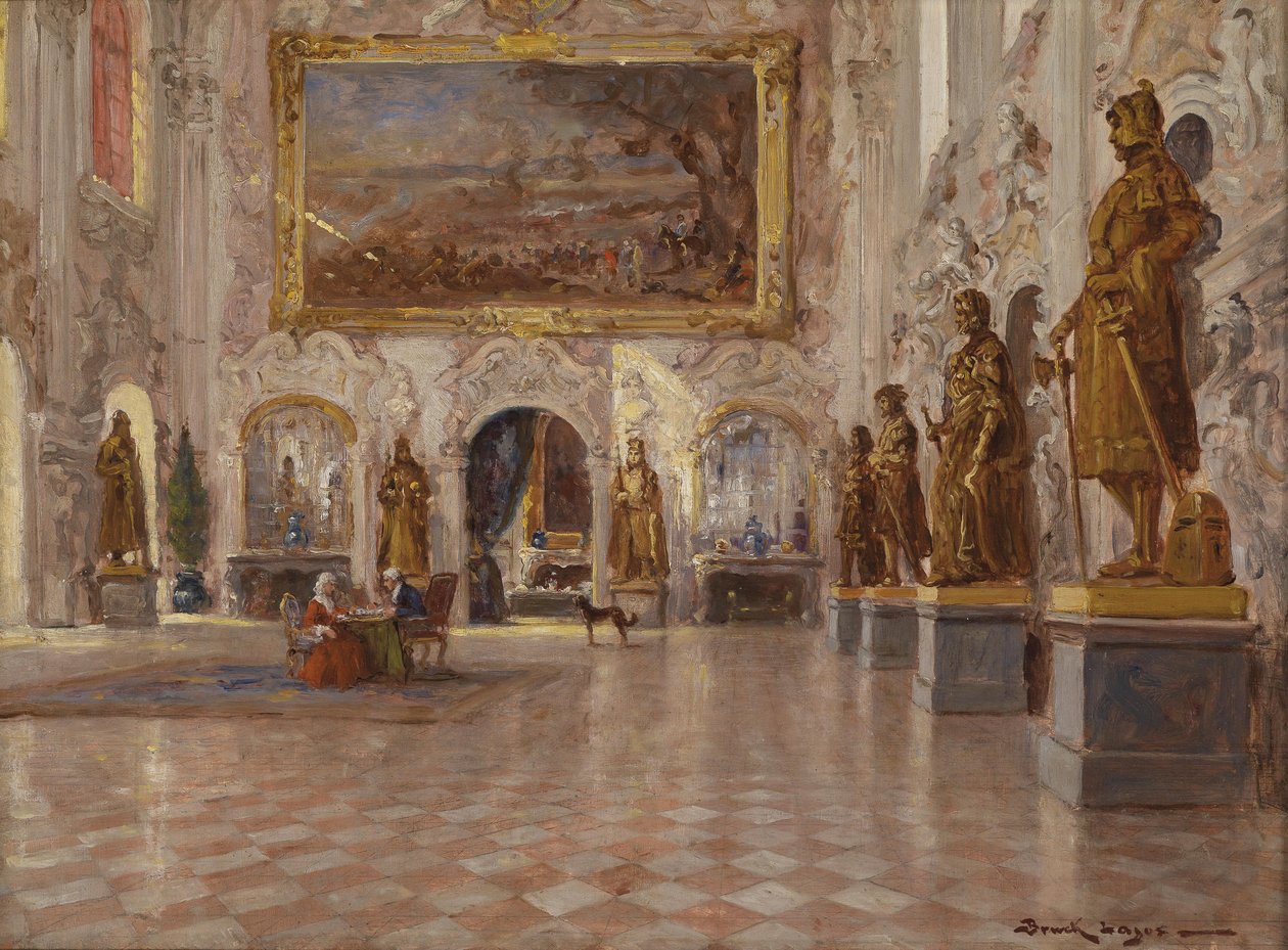 Den store salen i Schleissheim -palasset, med et av de to kolossale maleriene av Franz Joachim Beich av Lajos Bruck