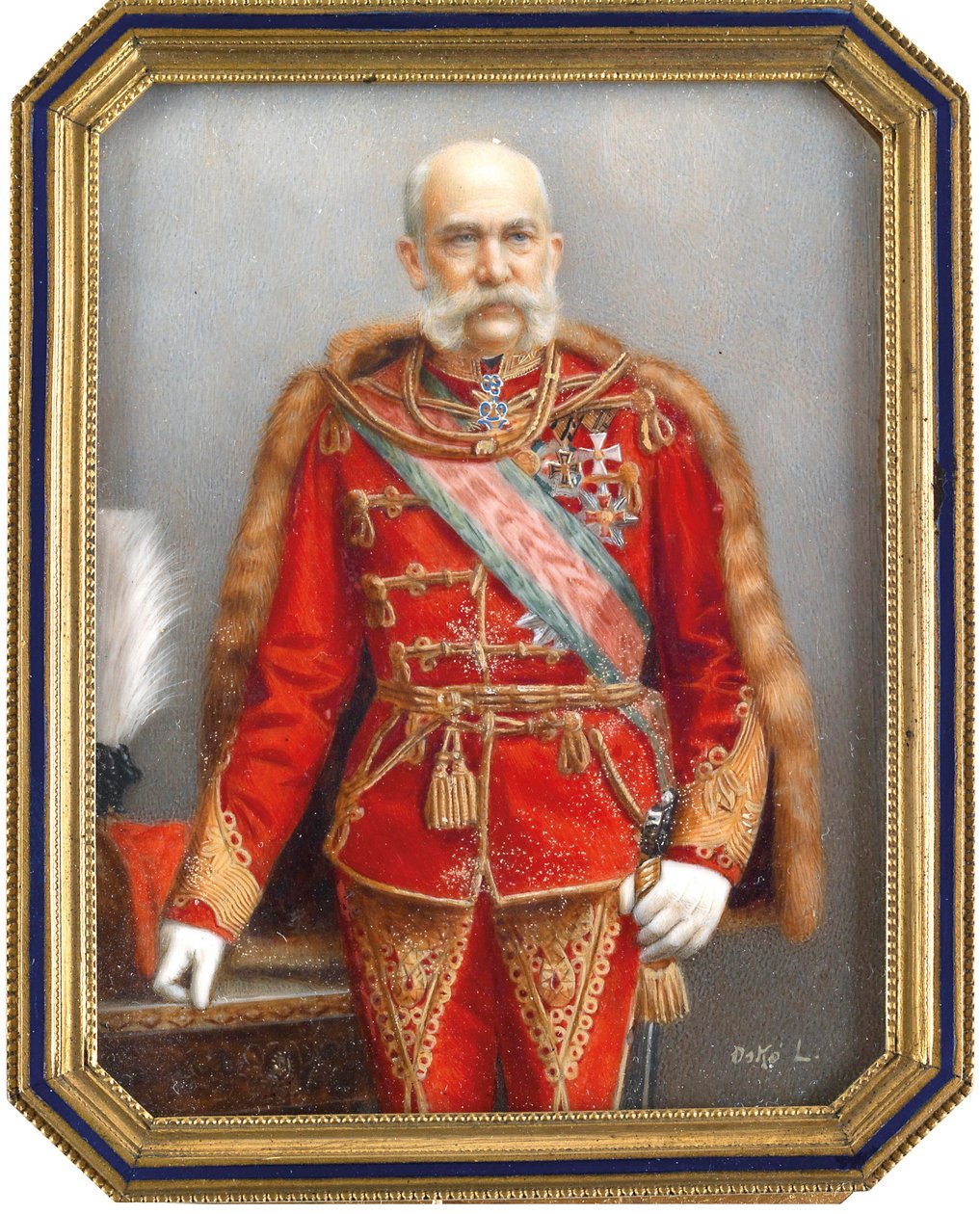 Portrett av Francois Joseph I av Østerrike (1830-1916), i ungarsk uniform. Verk av Lajos Osko (1865-1922), akvarell og gouache på horn. Ungarsk kunst, akademisk kunst. Privat samling. av Lajos Osko