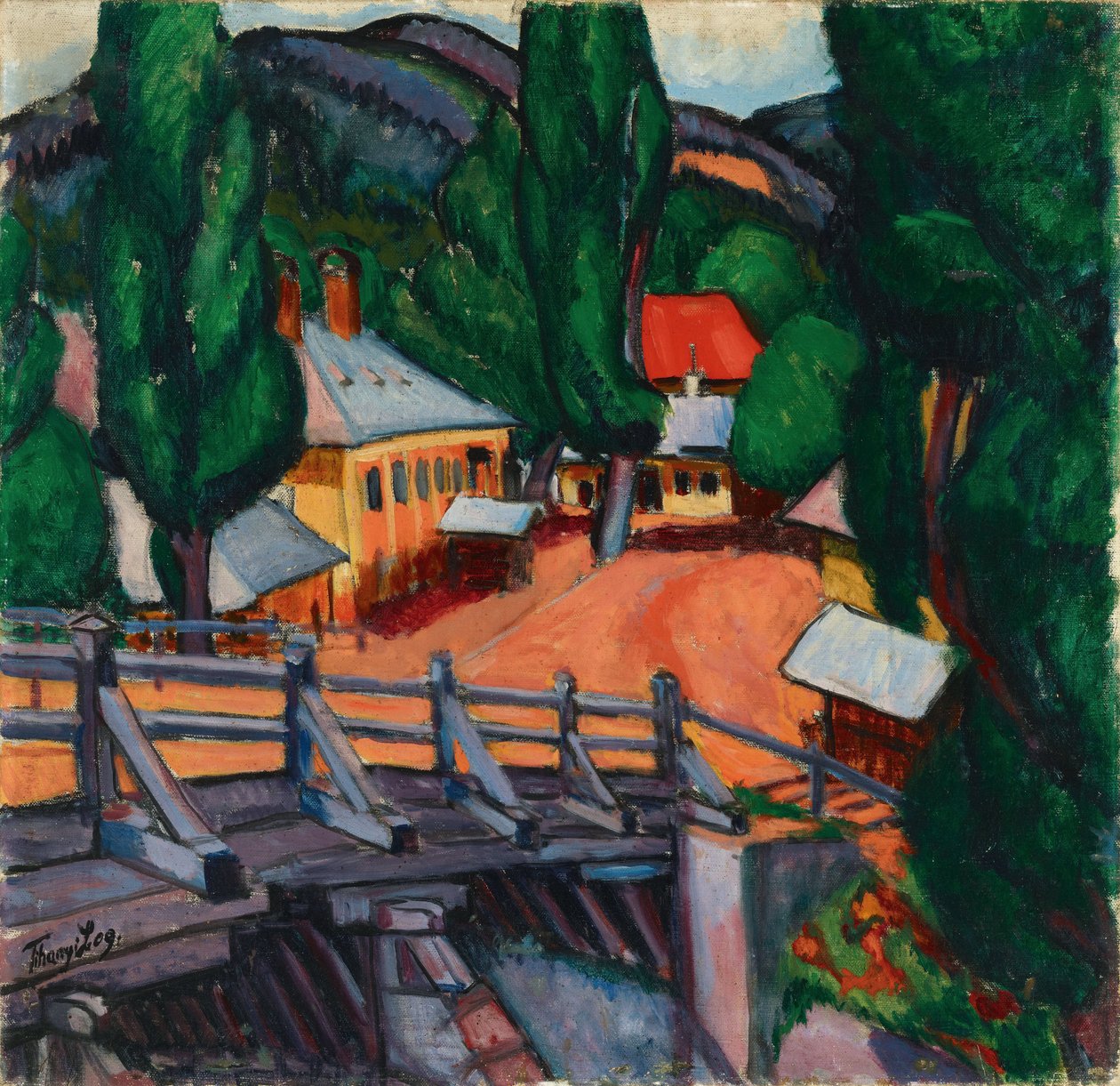 Paysage avec un pont - Landskap med en bro, av Tihanyi, Lajos (1885-1938). Olje på lerret av Lajos Tihanyi