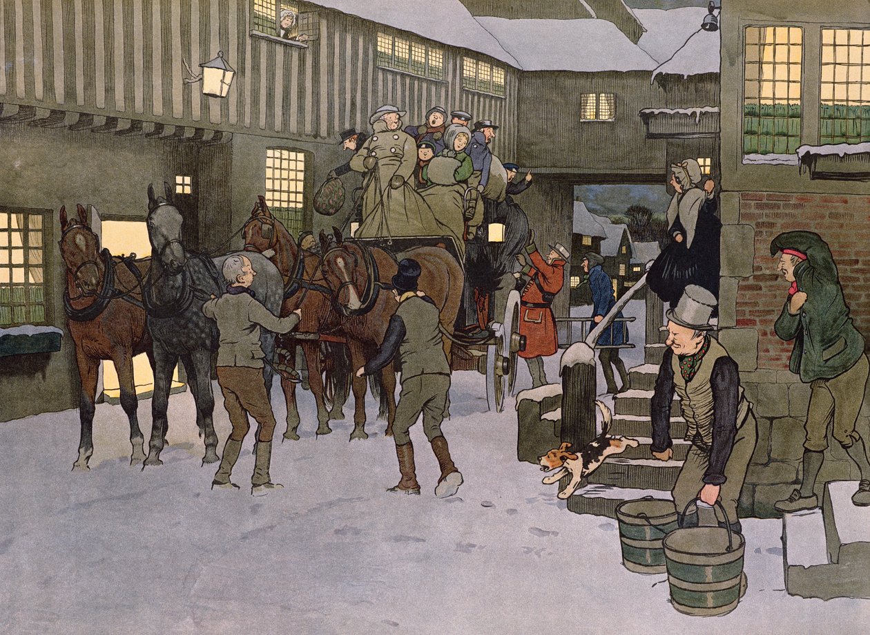 Ankomsten av en trener (farge litho) av Laloin Laloin