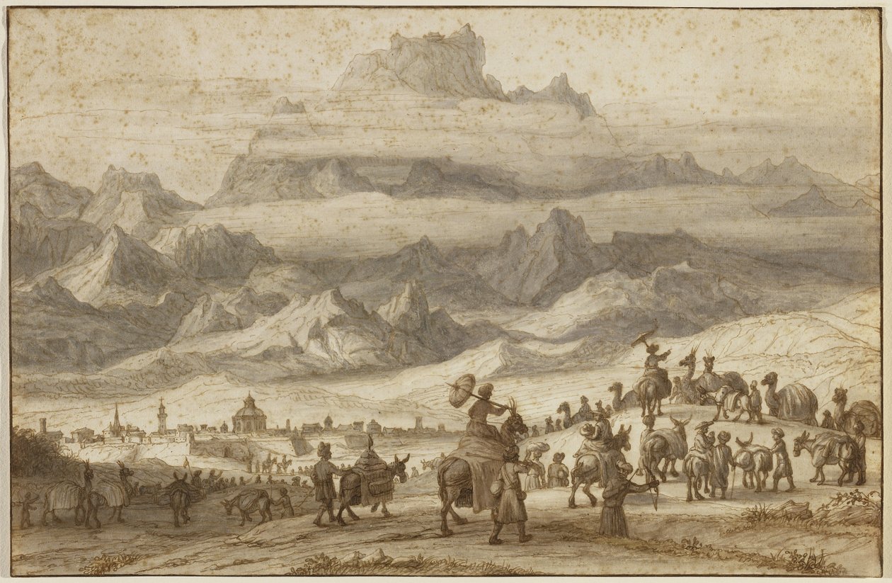 Noahs Ark på Mount Ararat, et kameltog utenfor byen Jerevan i forgrunnen, ca. 1690 (penn og brunt blekk med brune, grå og gule vasker på lagt papir) av Lambert Doomer