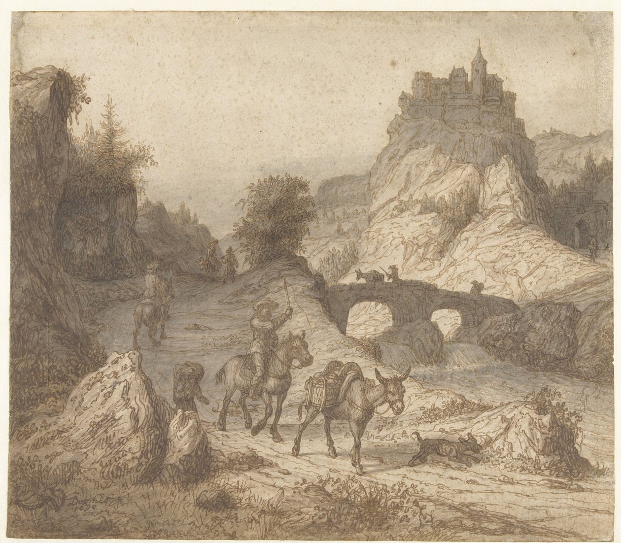 Fjelllandskap med slott og figurer av Lambert Doomer