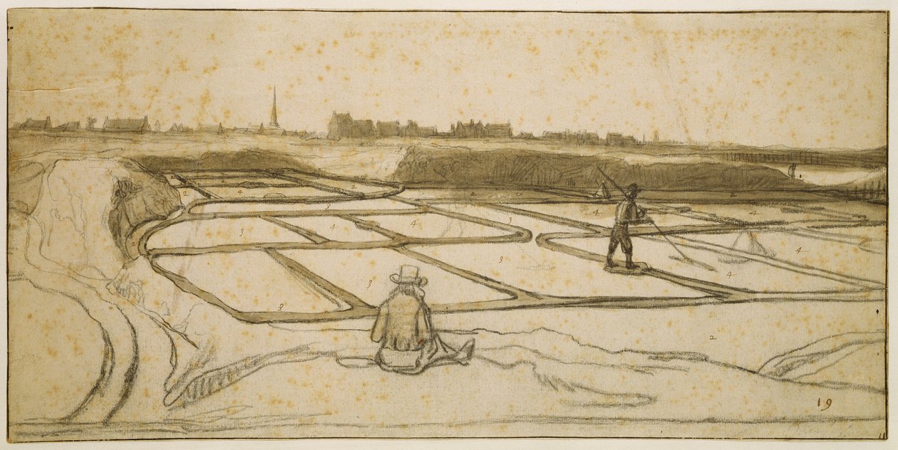 Saltgruvedrift i Le Croisic, 1645 (kritt, penn og pensel på papir) av Lambert Doomer