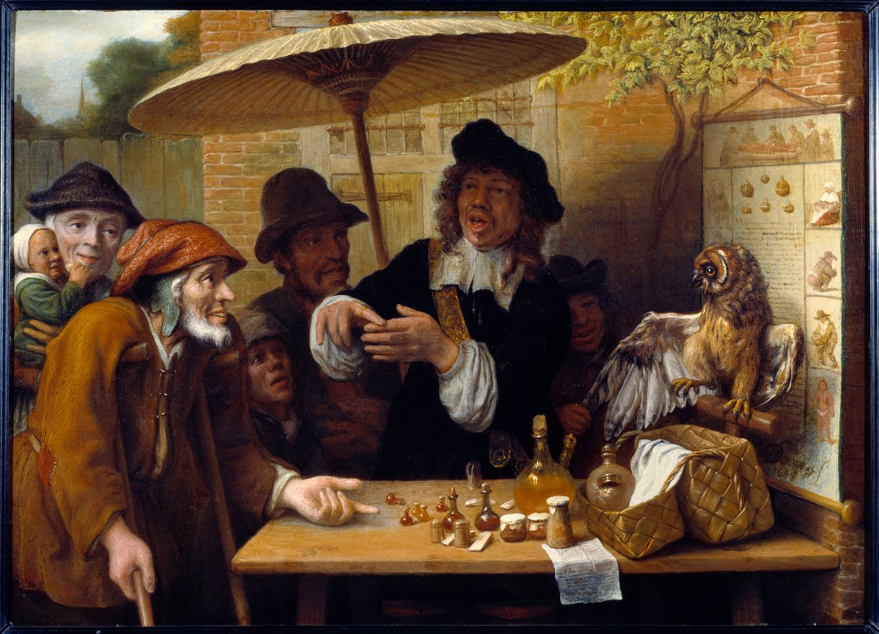 Sjarlatanen. Reisende diskuterer boniments for å selge narkotika på det offentlige torget. Maleri av Lambert Doomer (1623-1700) av Lambert Doomer