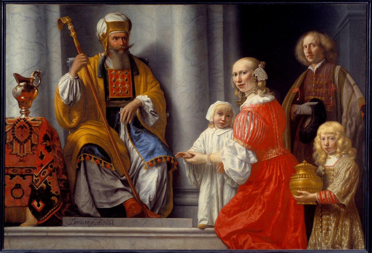 Profetinnen Anne (Hannah) bringer sønnen Samuel til ypperstepresten Eli (Heli) for å takke Herren for å ha helbredet ham for hans sterilitt Maleri av Lambert Doomer (1624-1700) av Lambert Doomer