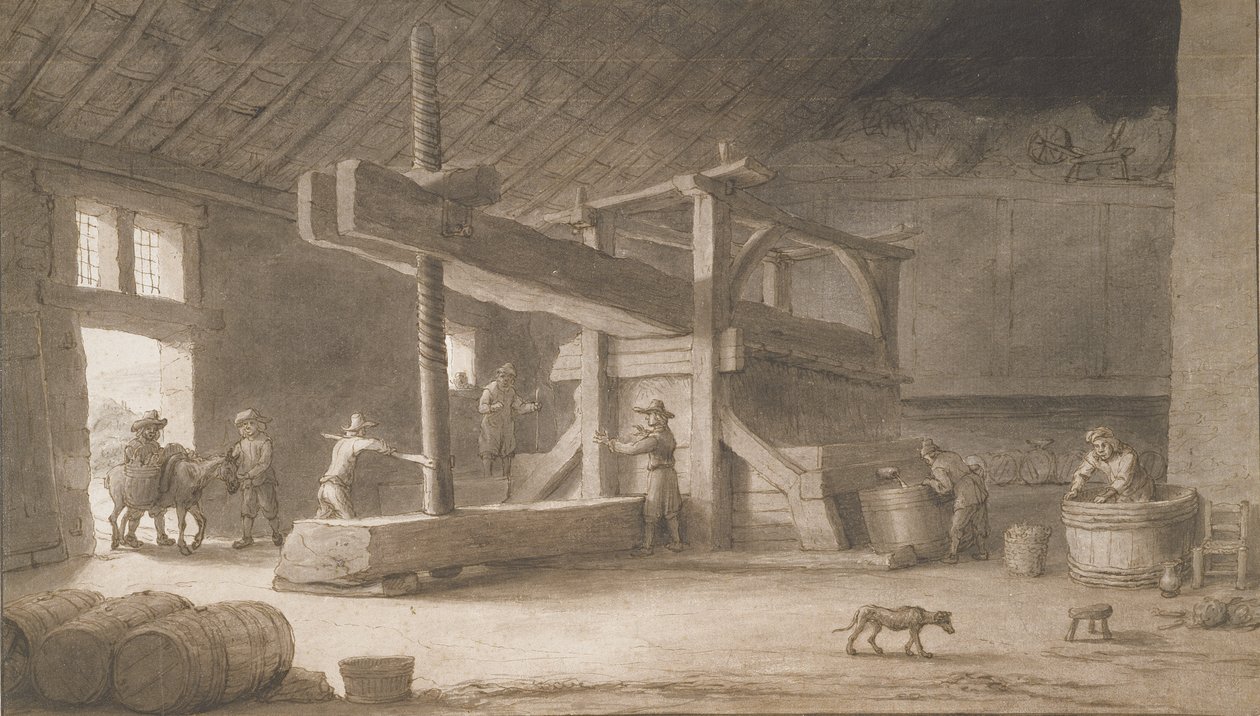 Vinpresse av Monsieur Dittyl, utenfor Nantes, ca. 1670 (penn og blekk med vask på papir) av Lambert Doomer