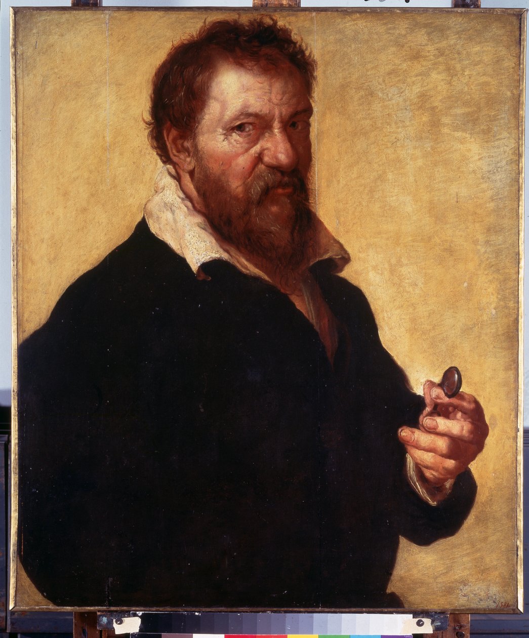 Selvportrett (Selvportrett). Portrett av kunstneren som holder brillene i hånden. Maleri av Lambert Lombard (1505-1566) av Lambert Lombard