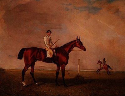 Bay veddeløpshest med jockey på en veddeløpsbane av Lambert Marshall