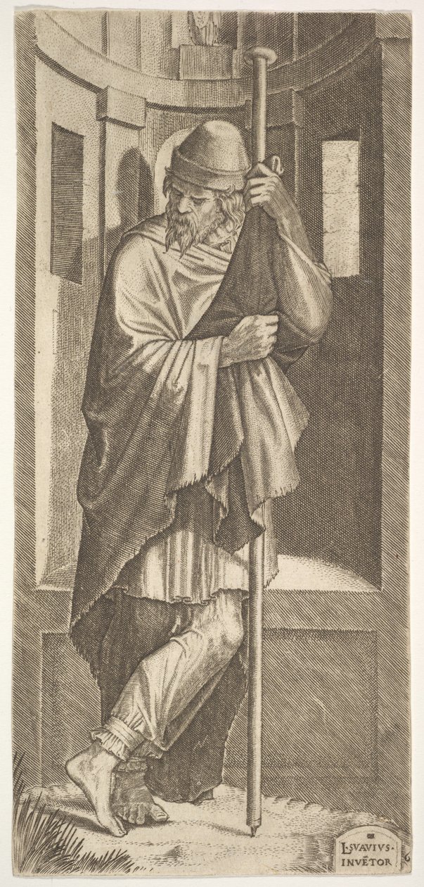 St. James Major lente seg på en stang foran en nisje, venstre ben krysset over høyre, fra..., 1545. av Lambert Suavius