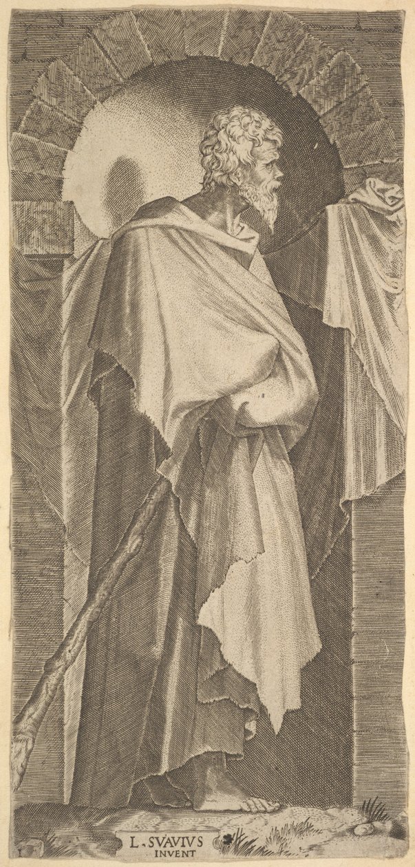 St. James Minor i en buet nisje, med en spaserstokk i hendene, som er ca..., 1545. av Lambert Suavius