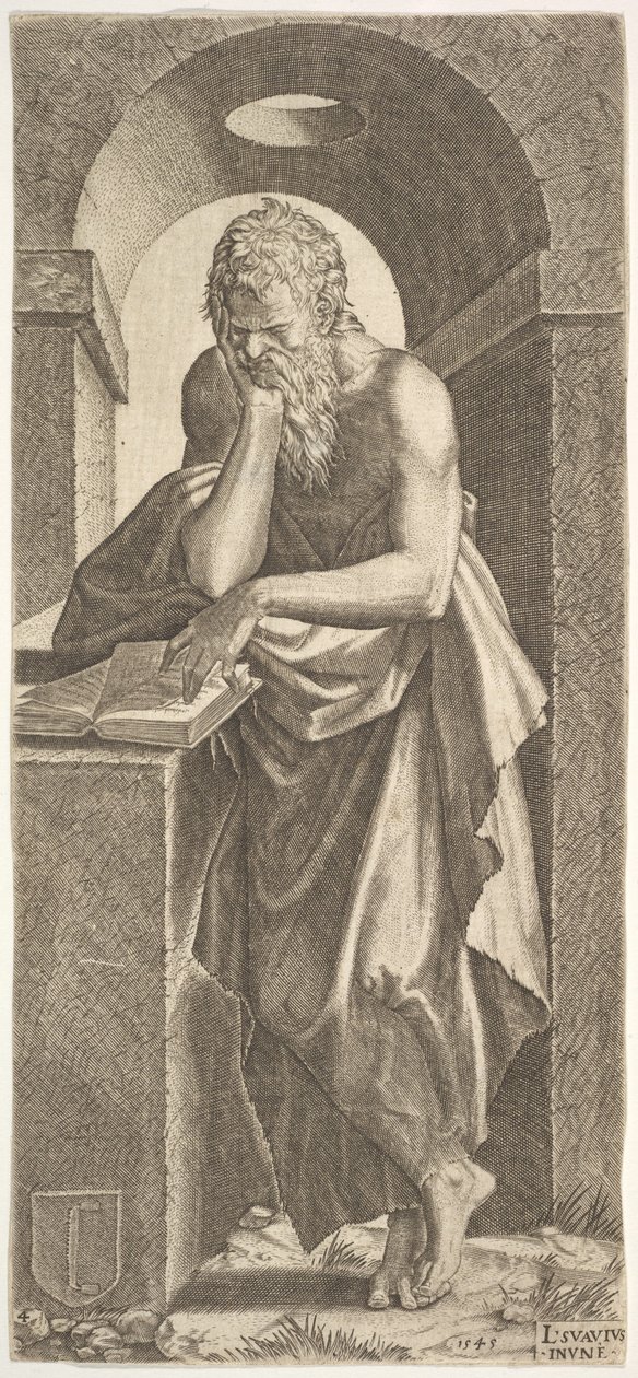 St. Simon står foran en åpen bok med fingrene på venstre hånd presset på ..., 1545. av Lambert Suavius