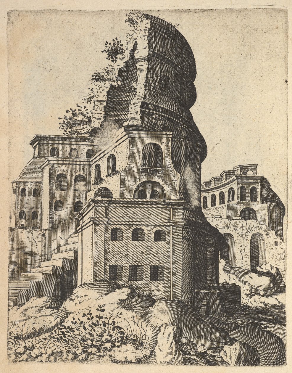 Vertikalt landskap med ruinene av tempelet til Venus og Roma, fra serien 'Ruinar..., 1554. av Lambert Suavius