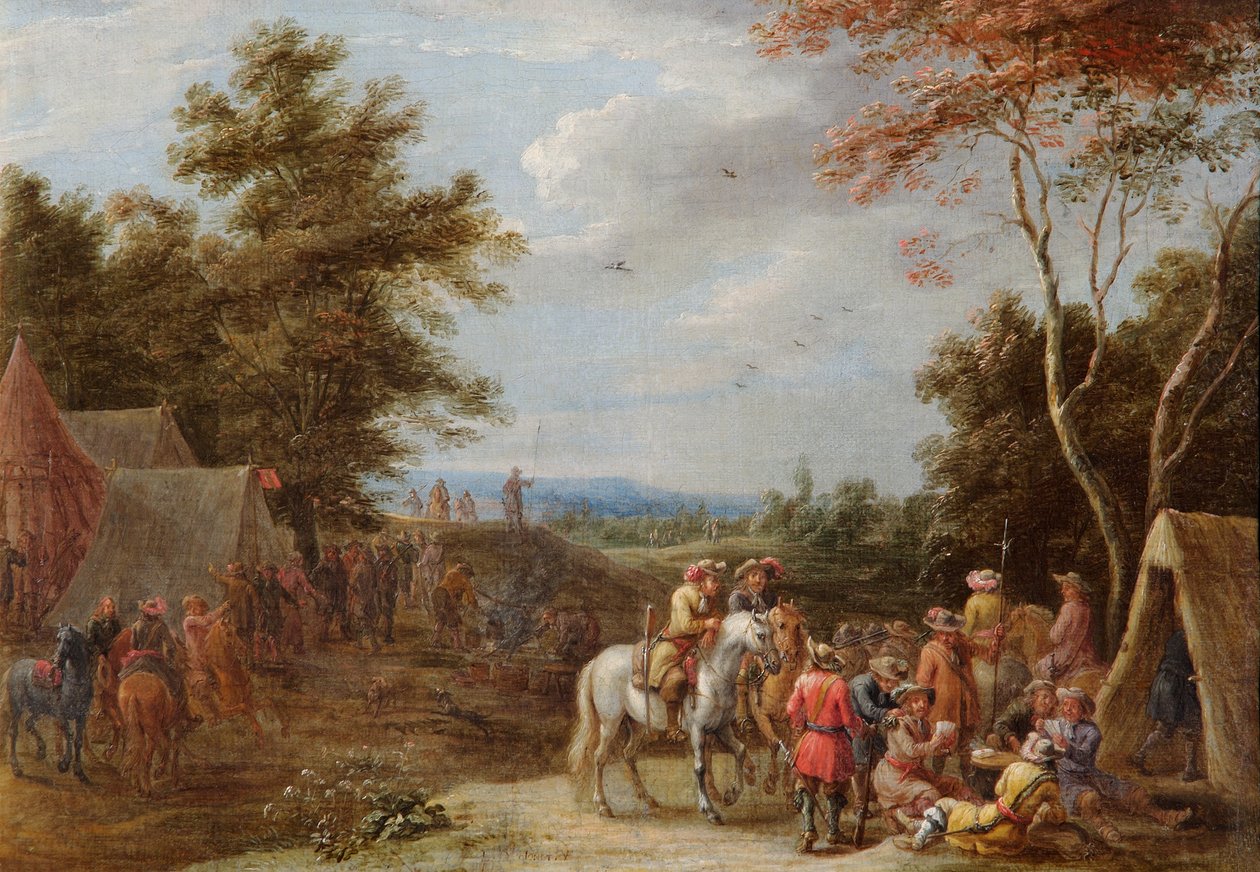 En leir med soldater som spiller kort, ca. 1660 (olje på lerret) av Lambert de Hondt