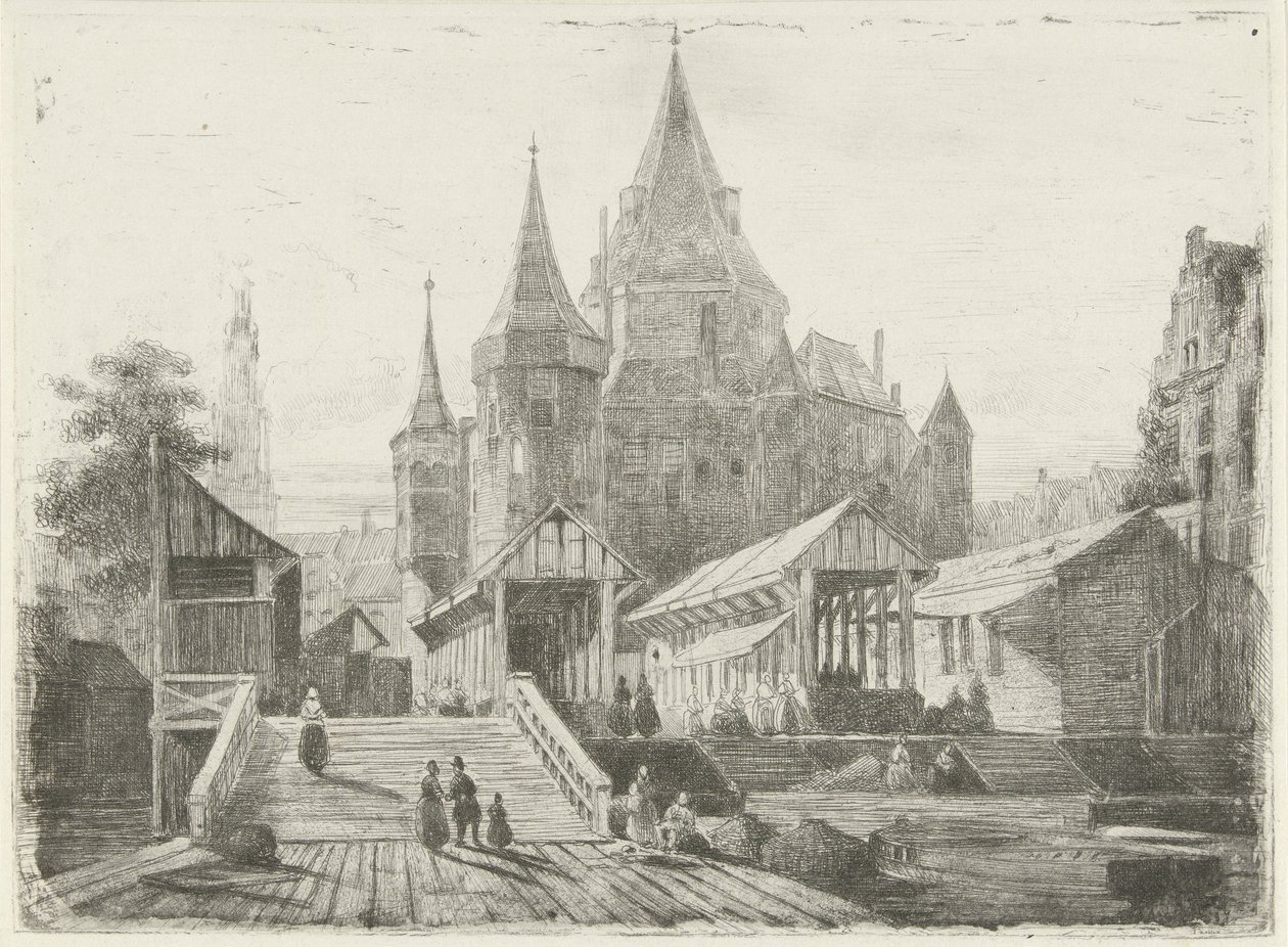 Utsikt over Nieuwmarkt i Amsterdam av Lambertus  Hardenberg