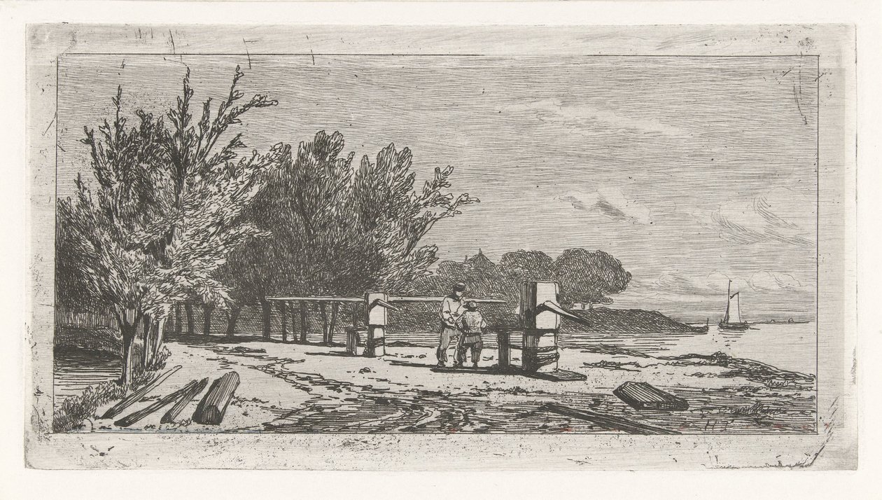 Mann og gutt langs bredden av en elv av Lambertus  Hardenberg