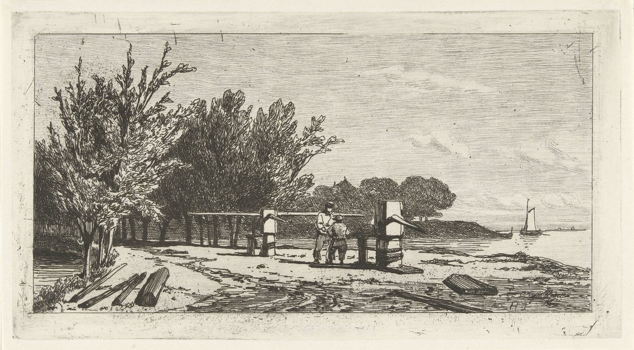 Mann og gutt langs bredden av en elv av Lambertus  Hardenberg