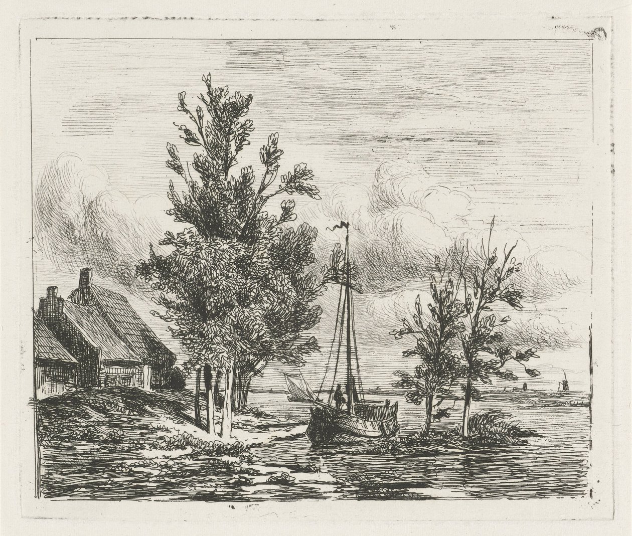 Elvelandskap med seilskute og gård av Lambertus  Hardenberg