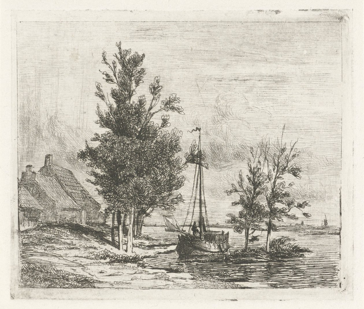 Elvelandskap med seilskute og gård av Lambertus  Hardenberg