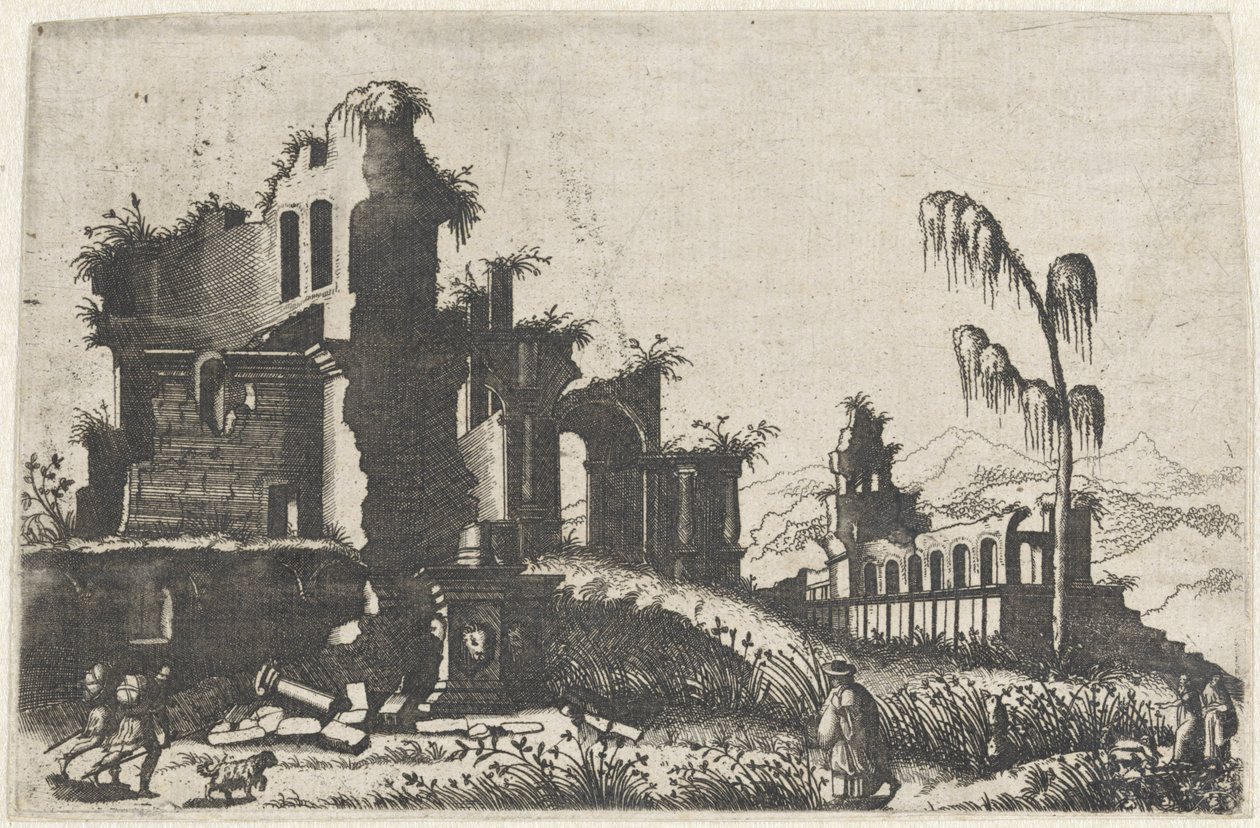 Landschap met bekrövde ruïnes en reisende Tegninger av ruiner av ulike fabrikater svært nyttige for malere og andre kunstnere av den typen (serietittel) av Lambertus Suavius