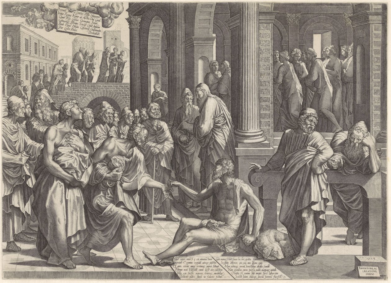 Peter og Johannes helbreder den krøplingen ved tempelporten Peter og Johannes helbreder en krøpling ved tempelporten av Lambertus Suavius