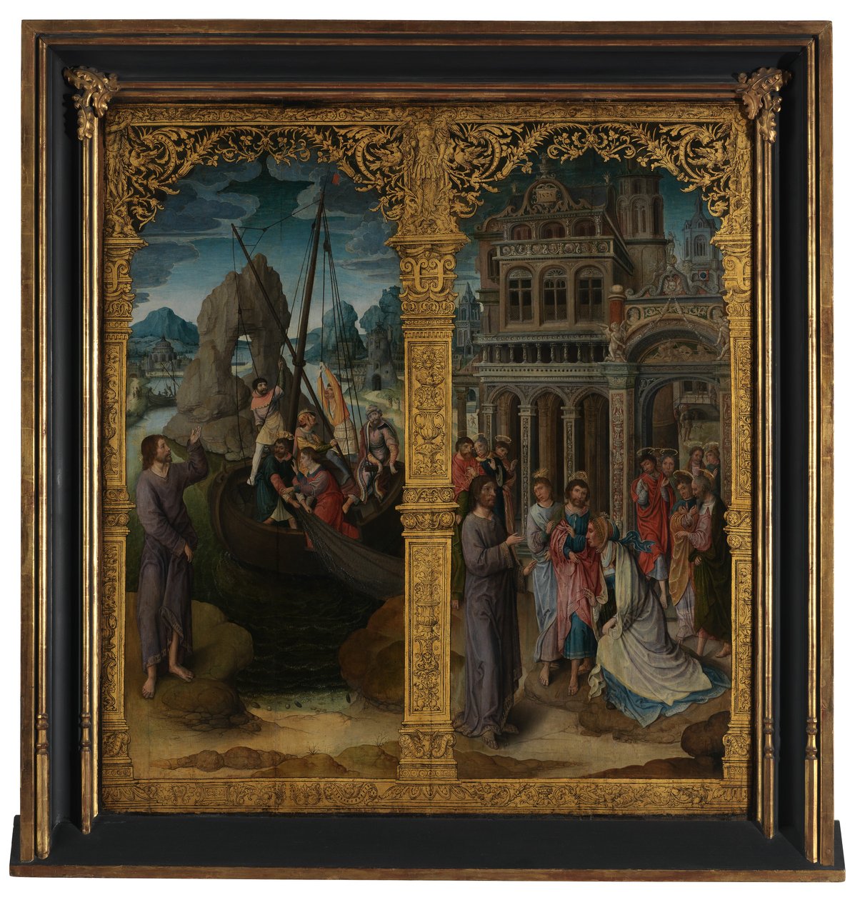 The Calling of Peter and the Healing of Hemorroissa (olje på panel) av Lancelot (school of) Blondeel