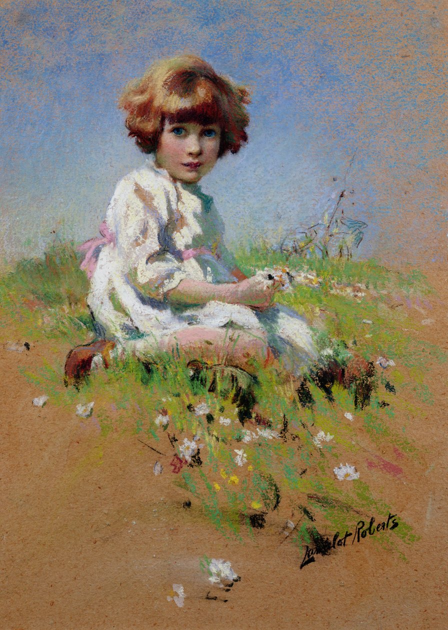 Marjorie - a A Girl Picking Daisies (pastell på papir) av Lancelot Roberts