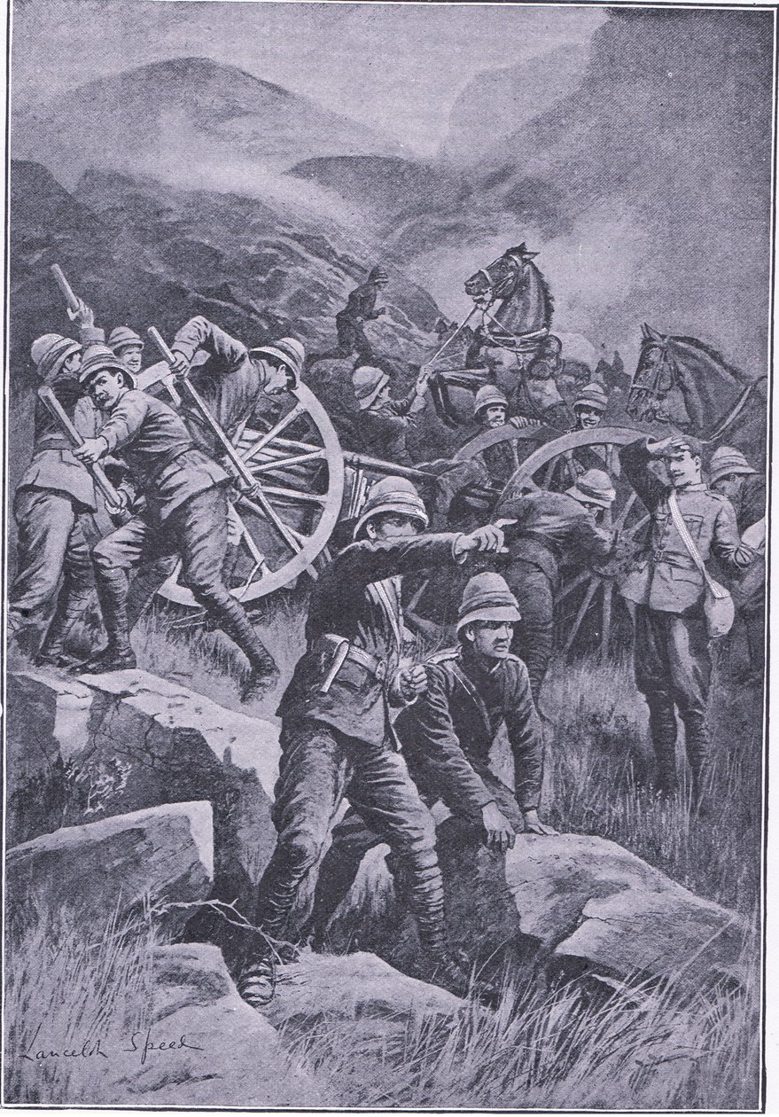 En pistol veltet i en åsside, fra After Pretoria: The Guerilla War utgitt av Harmsworth Bros Limited, 1901 av Lancelot Speed