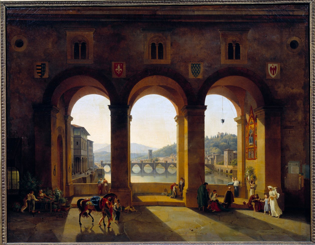 Utsikt over Firenze Ponte Vecchio. Maleri av Theodore Turpin De Crisse (1782-1859) av Lancelot Théodore Turpin de Crissé de Crissé