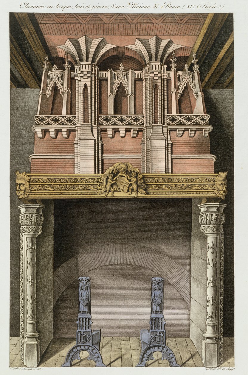 Skorstein fra et hus fra 1400-tallet i Rouen, fra Monuments Francais, litografi av Amedee Peree, 1839 av Langlois E.