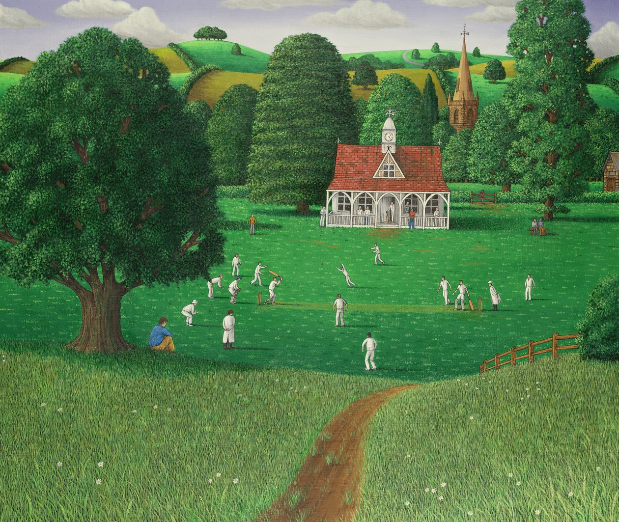 Cricketkamp på St. Marys Grange, Wilts, 1986 (akryl på lin) av Larry Smart