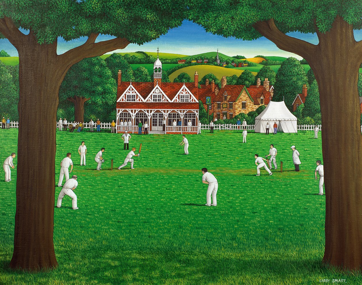 The Cricket Match, 1987 (akryl på lin) av Larry Smart