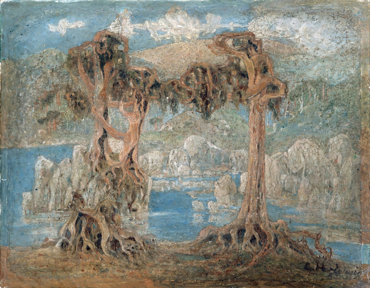 ""Landskap"" Magre trær ved kysten, Norge - Maleri av Lars Hertervig (1830-1902) 1902 Nasjonalmuseet for kunst, Oslo Norge av Lars Hertervig