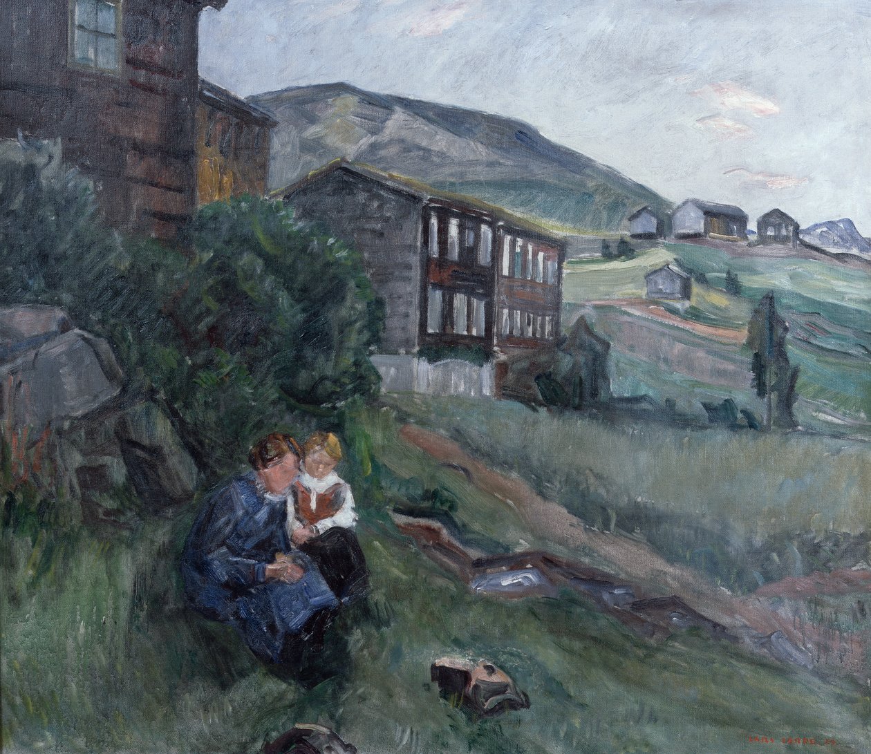 Fra Gudbrandsdalen, kvinne og barn i landskap av Lars Jorde