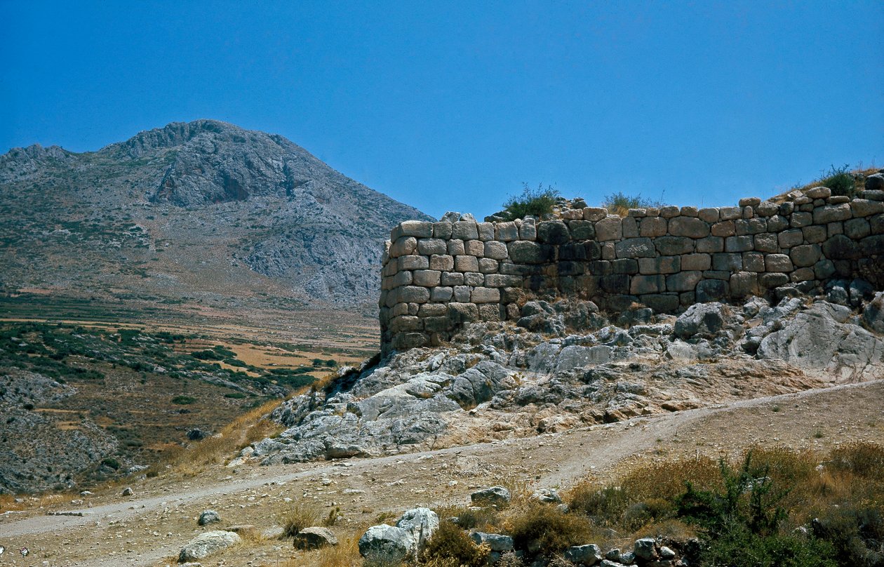 Veggene til akropolis: stedet for den gamle byen Mykenes, på Peloponnes (1500-1100 f.Kr.) Hellas av Late Helladic Period Mycenaean