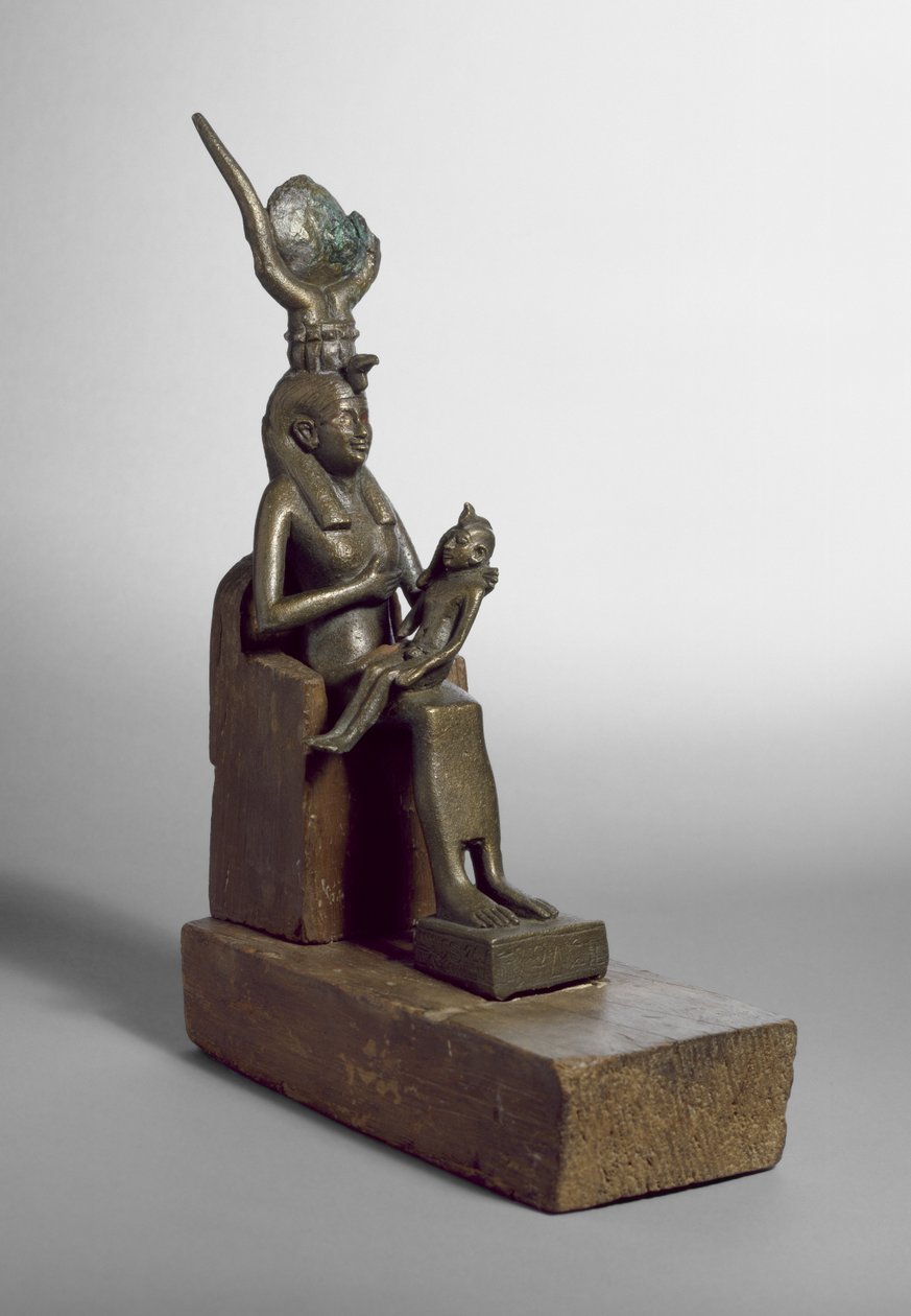 Votiv statuett av Isis som dier barnet Horus, funnet ved Saqqara sammen med original tretrone og base (bronse) av Late Period Egyptian