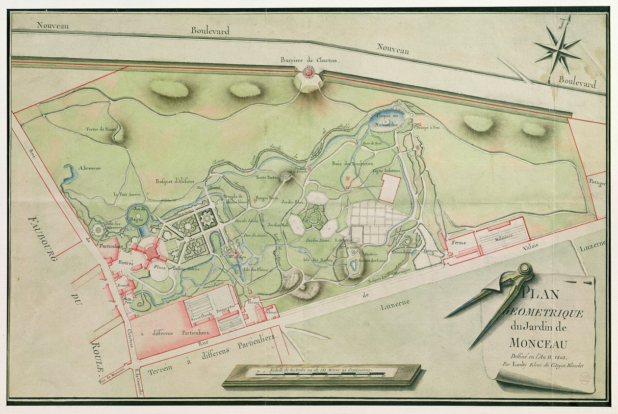 Plan over Parc Monceau, 1803 (penn og blekk og wc på papir) av Lauly
