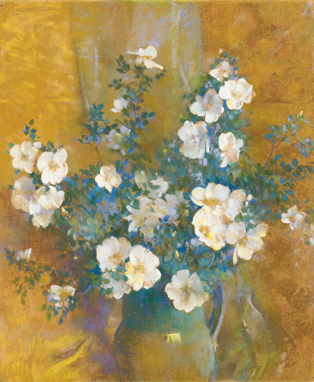 Hvite roser (pastell om bord) av Laura Coombs Hills