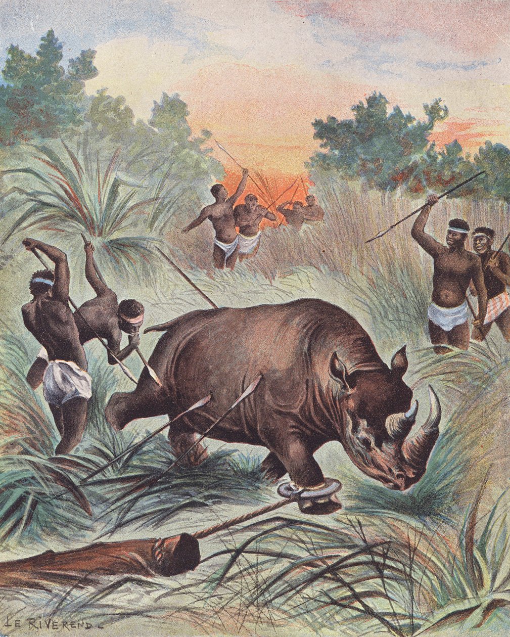 Jakt på neshorn i Afrika (fargelitografi) av Laurence Louise Le Riverend