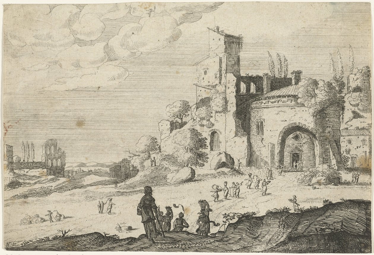 En gruppe kvinner nærmer seg en bygning Landskap med gamle romerske bygninger (serietittel) av Laurens Barata