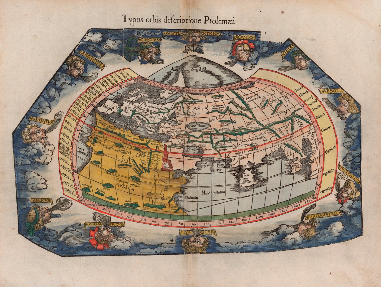 Et verdenskart som skrevet ned av Ptolemaios (Typus Orbis Descriptione Ptolemaei) av Laurent Fries fra Gaspar Trechsels opptrykk fra 1541 av hans kart fra 1522 for Ptolemaios